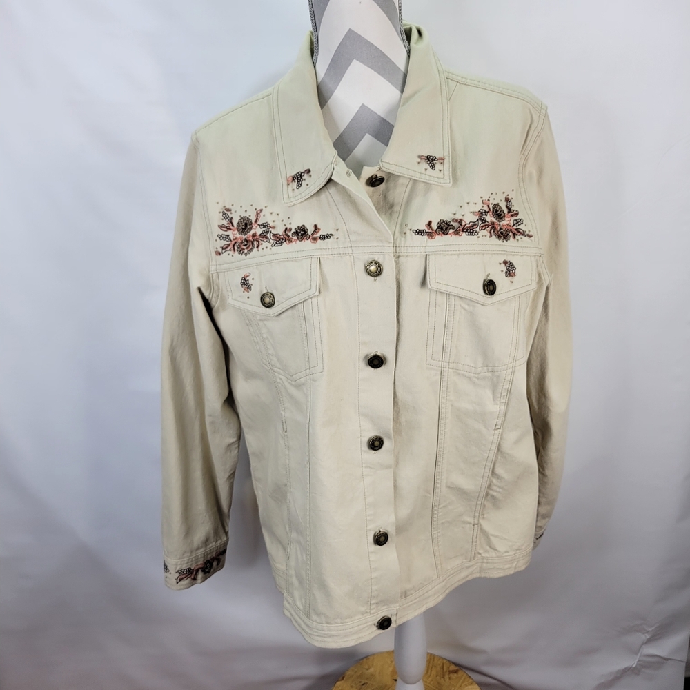 Denim & Co Cream Beaded Embroidered Denim Jacket Size XL